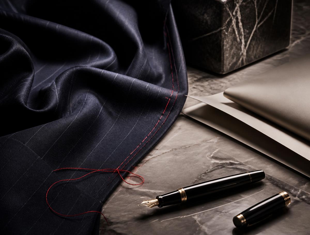 Tailored fabric with a red thread, fountain pen and documents on marble