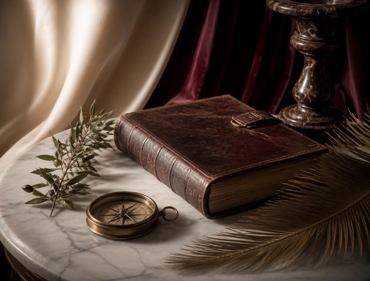 Leather-bound family ledger, brass compass and palm frond on marble