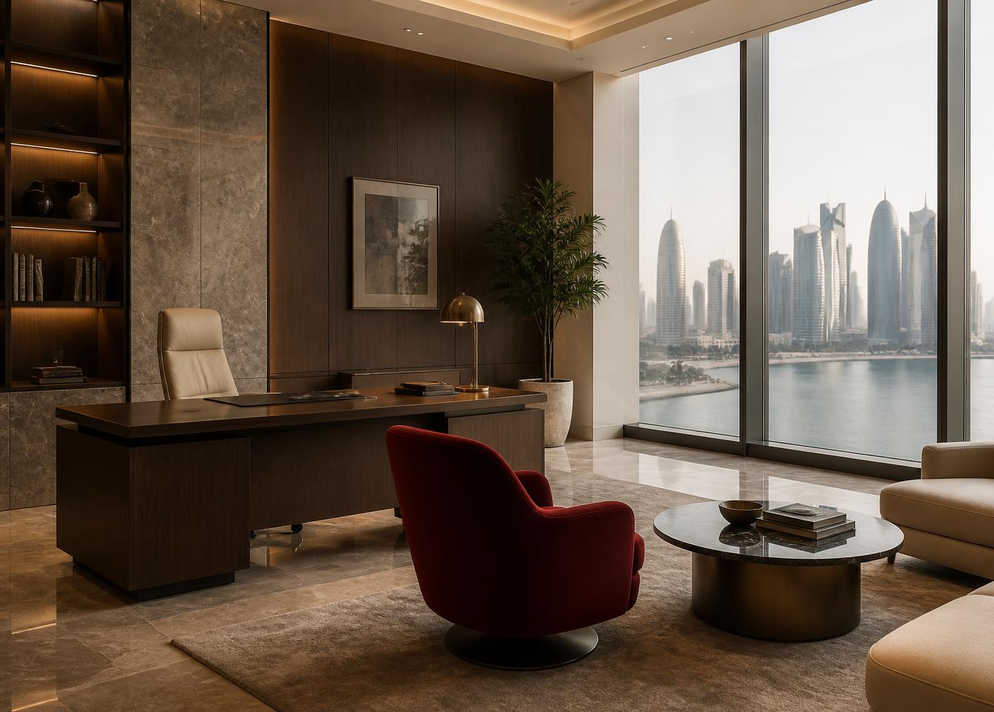 Interior of a private wealth advisory office in Doha with a view over the bay
